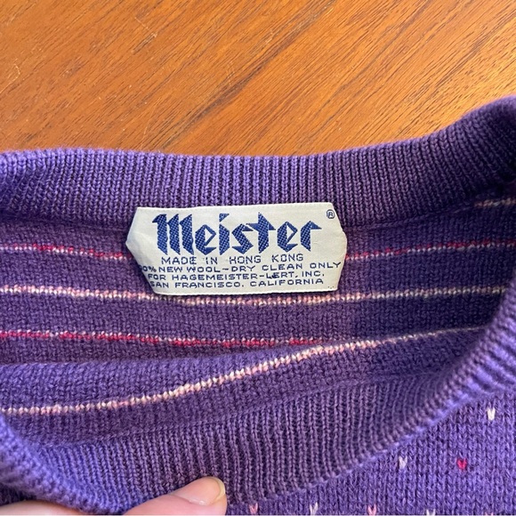 Vintage Meister Sweater Purple Hearts 100% Wool Grandmacore Retro Medium - Picture 5 of 6